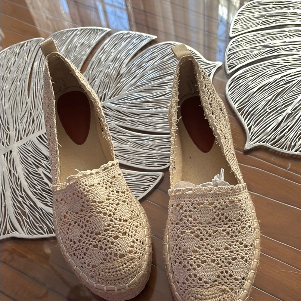 Cream Espadrilles with Crochet Design and Flat Sole